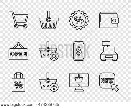 Set Line Shoping Bag With Percent Discount, Button Text New, Discount Tag, Add Shopping Basket, Cart