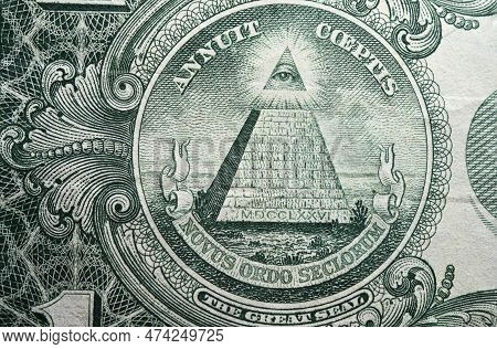 Partial View One Dollar Banknote Money Extreme Detail Closeup Of Visible Capstone Lifted All Seeing 