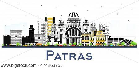Patras Greece City Skyline With Color Buildings Isolated On White. Vector Illustration. Travel And T
