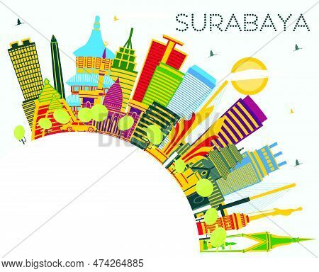 Surabaya Indonesia City Skyline With Color Buildings, Blue Sky And Copy Space. Vector Illustration. 