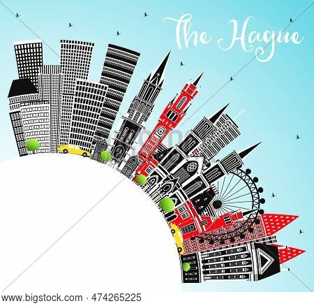 The Hague Netherlands City Skyline With Color Buildings, Blue Sky And Copy Space. Business Travel An