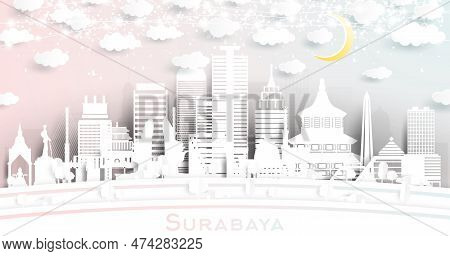 Surabaya Indonesia City Skyline In Paper Cut Style With White Buildings, Moon And Neon Garland. Vect