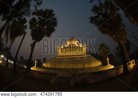 Luang Prabang , Laos - March 17 , 2023 : Twilight View Of The Lotus Stupa Also Known As 