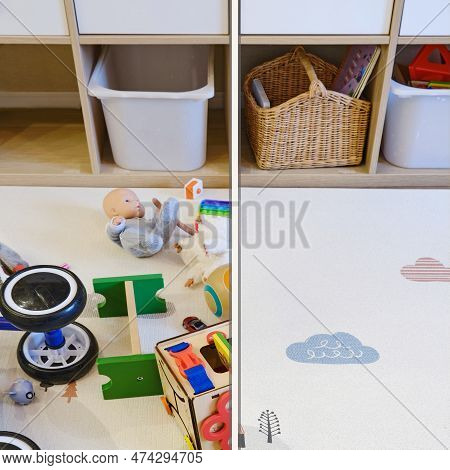 Children Room Littered With Toys And A Clean Nursery, Before And After Cleaning. Mess Due To Toys Sc