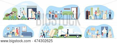 Family Relocation In New Apartment. Moving Mother With Things And Boxes. Delivery Logistic Service A