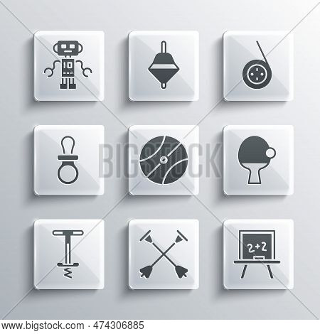 Set Arrow With Sucker Tip, Chalkboard, Racket And Ball, Basketball, Pogo Stick Jumping Toy, Baby Dum