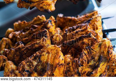Cooking Chicken Skew Kebab Barbeque. Traditional Indian And Paksitan Dish Cooked On Charcoal And Fla