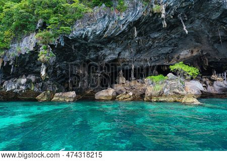 Landscape Viking Cave On Maya Island On Fantastic Emerald Lagoon Sea At Koh Phi Phi Island Thailand,