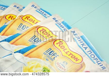 Rollton Instant Mashed Potatoes On A Blue Background. Fast Food, Junk Food.