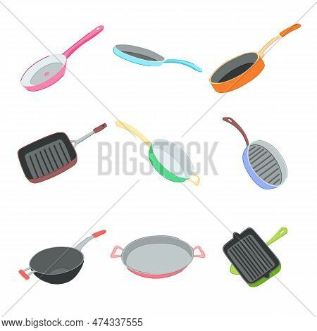 Frying Pan Set Cartoon. Food Fry, Black Kitchen, Iron Cook, View Chef Frying Pan Sign. Isolated Symb