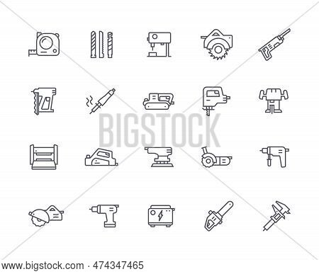Electric Woodworking Icons Outline Set. Pack Of Hand Tools And Electric Machines For Woodworking. Ca