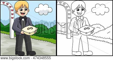 This Coloring Page Shows A Wedding Ring Bearer. One Side Of This Illustration Is Colored And Serves 