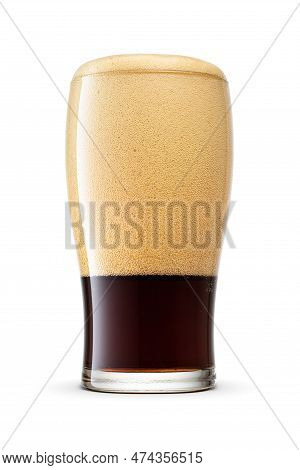 Tulip Pint Glass Of Fresh Delicious Dark Stout Beer With Huge Cap Of Foam Isolated On White Backgrou