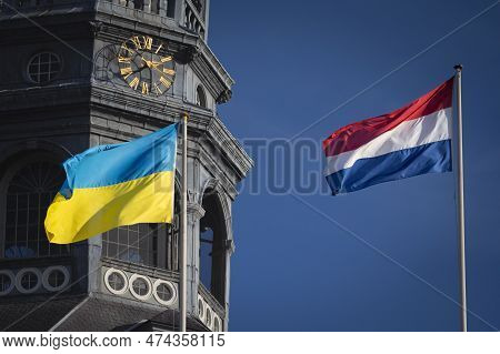 Flags Of Ukraine And The Netherlands Waiving Together In Maastricht, Netherlands, To Show Solidarity