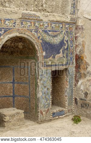 Herculaneum, Campania, Italy - June 29, 2021: Mosaic On The Wall Of House Of Neptune And Amphitrite 