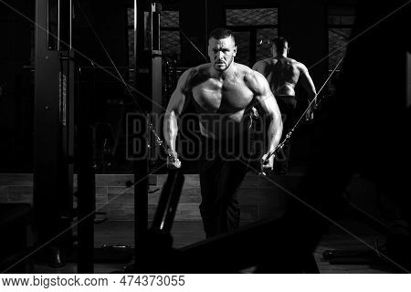 Strong Muscular Man Works Out Pushing Up Excercise In Gym, Exercises At Triceps. Workout Lifestyle C