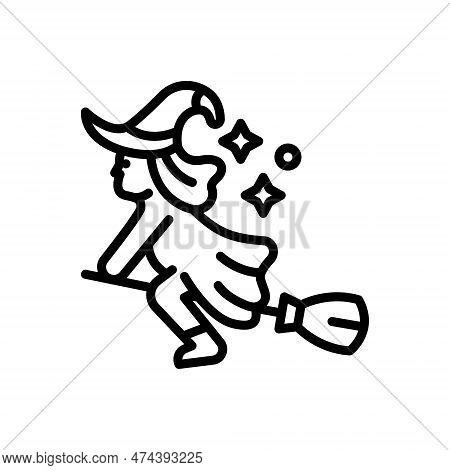 Black Line Icon For Witch Hag Sorceress Giantess Flying Broom Halloween Horror Wizard