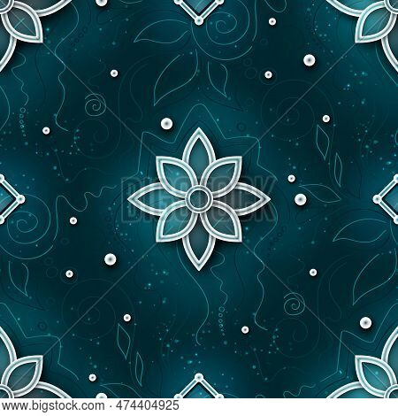 Seamless Aesthetic Pattern With Textured Background And Mystical Cosmic Flowers. Endless Modern Text