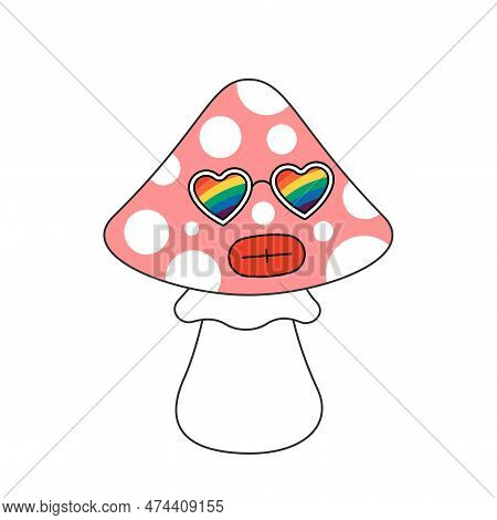 Retro Groovy Trippy Mushroom Character With Rainbow Sunglasses. Hippie Psychedelic Fly Agaric. Hippy