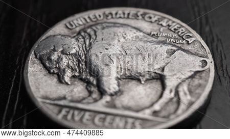 Us Nickel. Coin 5 Cents Close-up. Black And White Illustration With American Bison. Buffalo Nickel. 