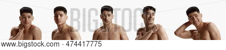 Collage. Set Of Images Of Young Asian Guy With Clear, Spotless Face Posing Shirtless Against White S