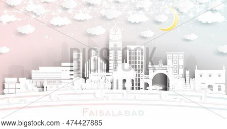 Faisalabad Pakistan City Skyline In Paper Cut Style With White Buildings, Moon And Neon Garland. Vec
