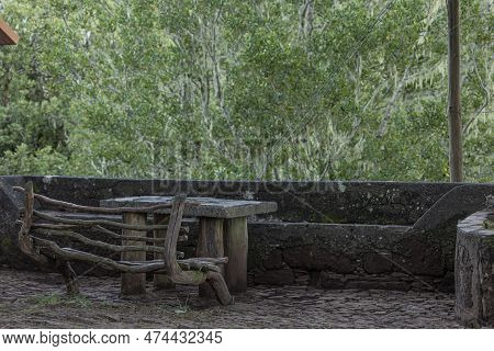 Wooden Bench And A Stone Table In A Park Surrounded By Trees And Lush Foliage