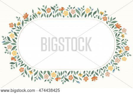 Delicate Chintz Romantic Meadow Wildflowers Vector Ellipse Oval Frame. Cottagecore Garden Flowers An