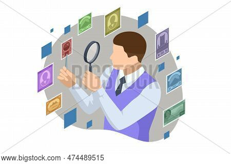 Isometric Stamp Collecting Concept. Old Vintage Collectible Postage Stamps Albums And Magnifying Gla