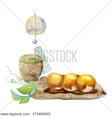 Watercolor Hand Drawn Traditional Japanese Sweets. Ceramic Dish, Dango, Summer Wagashi. Isolated On