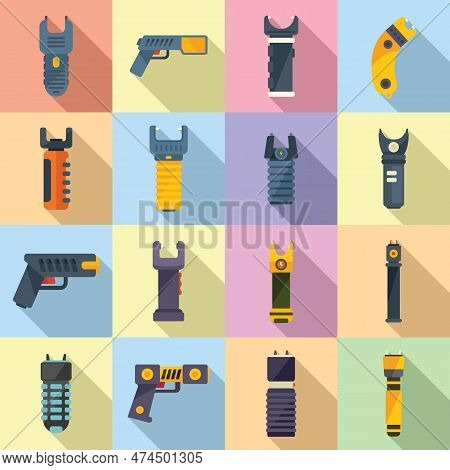 Taser Icons Set Flat . Police Gun. Safety Stun Electroshock