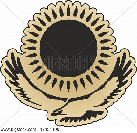 Vector State Monochrome Coat Of Arms Of The Republic Of Kazakhstan. Gold National Sign Kazakh. Pride