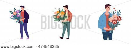 Set Vector Illustration Of Man Holding A Bouquet For His Wife For For The Birth Of An Heir