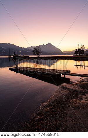 Unterseen, Canton Bern, Switzerland, February 12, 2023 Fantastic Alpine Landscape Scenery Just After