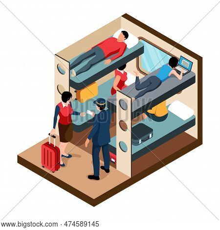Isometric Train Wagon Couchette Car With Passengers And Attendant Checking Tickets 3d Vector Illustr