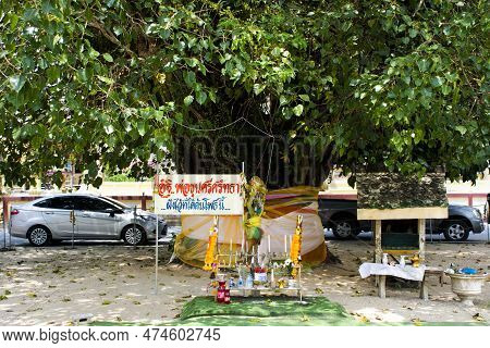 Ancient Khun Sri Sattha Shrine In Bodhi Tree And Banyan Plant Of Wat Tha Khae Temple For Thai People