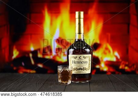 Kyiv, Ukraine - May 4, 2022 Hennessy Very Special Original Alcohol Bottle On Wooden Table With Red F