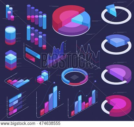 Isometric Data Analysis, 3d Graphic Chart Infographic Elements. Visual Dashboard Futuristic Charts, 