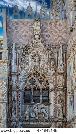 Venice, Italy - March 16, 2023: Porta Della Carta, Monumental Entrance Of The Doge's Palace. It Was 