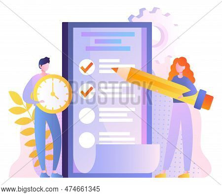 Checklist Mobile Concept. Man With Watch And Woman With Pencil Near List Of Tasks And Goals. Organiz
