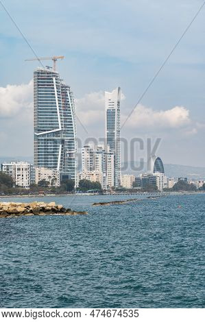 Limassol, Cyprus - March 23, 2023 - View Over The Sea With High Rise Buildings In The Background