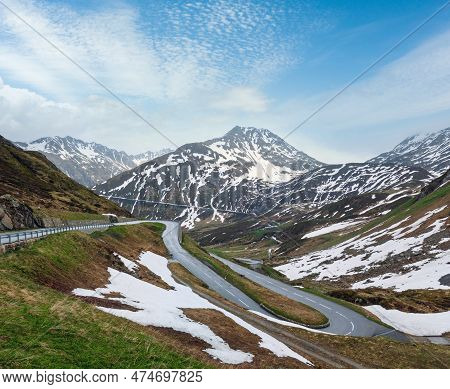 Summer Mountain Landscape With Road (oberalp Pass, Switzerland)