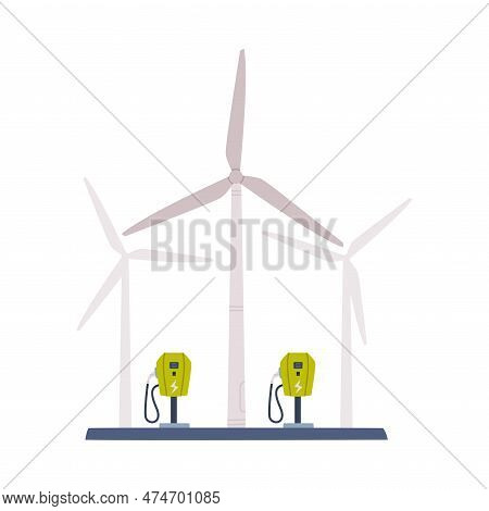 Electric Vehicle Charging Station Or Ev Charger And Wind Generator As Electrical Power Supply Equipm