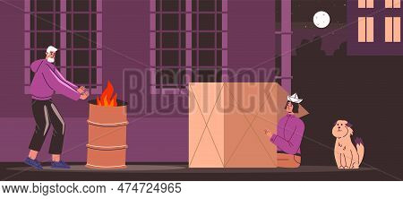 Homeless People. Woman Sleeping Outdoor In Cardboard Boxes. Poor Man Warming Himself By Barrel On St