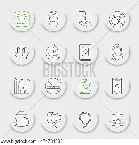 Ramadan Line Icon Set, Islamic Holiday Symbols Collection, Vector Sketches, Neumorphic Ui Ux Buttons
