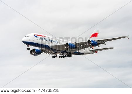London, England - August 22, 2016: G-xlek British Airways Airbus A380 Landing In London Heathrow Int
