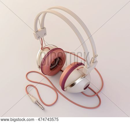 A Vintage Set Of Classic Headphones  With A Cable And Jack Plug In A Modern Pink Color Combination O