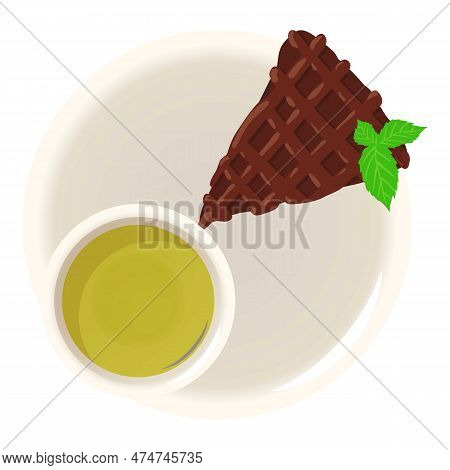 Breakfast Concept Icon Isometric Vector. Chocolate Cake Piece And Green Matcha. Dessert, Food Concep