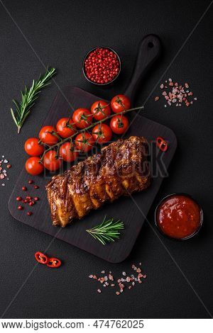 Delicious Grilled Pork Ribs With Sauce, Spices And Herbs