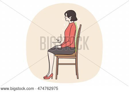 Young Woman Sit On Chair In Correct Position Think Of Back. Female Employee Right Sedentary Pose At 